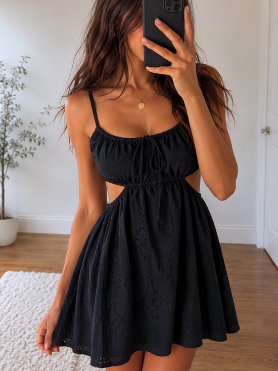 American Eagle Outfitters Dresses & Skirts - American Eagle Eyelet Cutout Babydoll Mini Dress XS Black 100% Cotton
